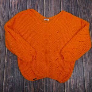 Fobya Bright Orange V Neck Cable Knit Sweater Pullover Women's S M